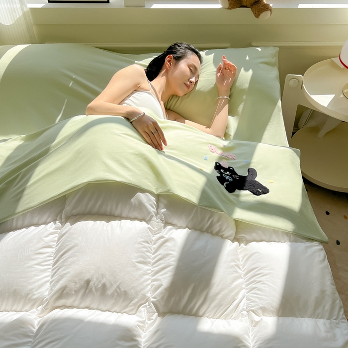 91家纺网 家纺一手货源 找家纺 柒星睡袋 2025新款款40支全棉纯色毛巾绣可拆分隔脏睡袋 黑猫 绿