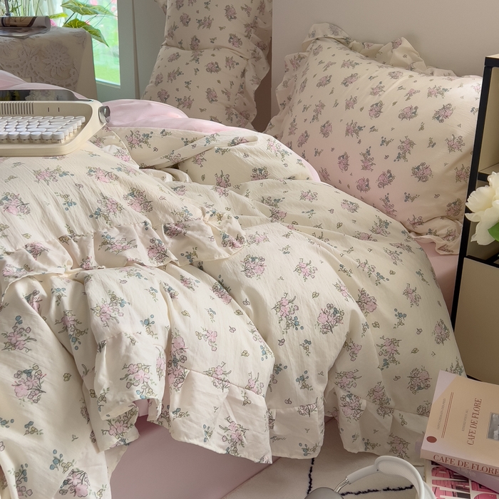 91家纺网 家纺一手货源 找家纺 希丞家居 2025新款云感提花双层纱花边四件套 梨梦