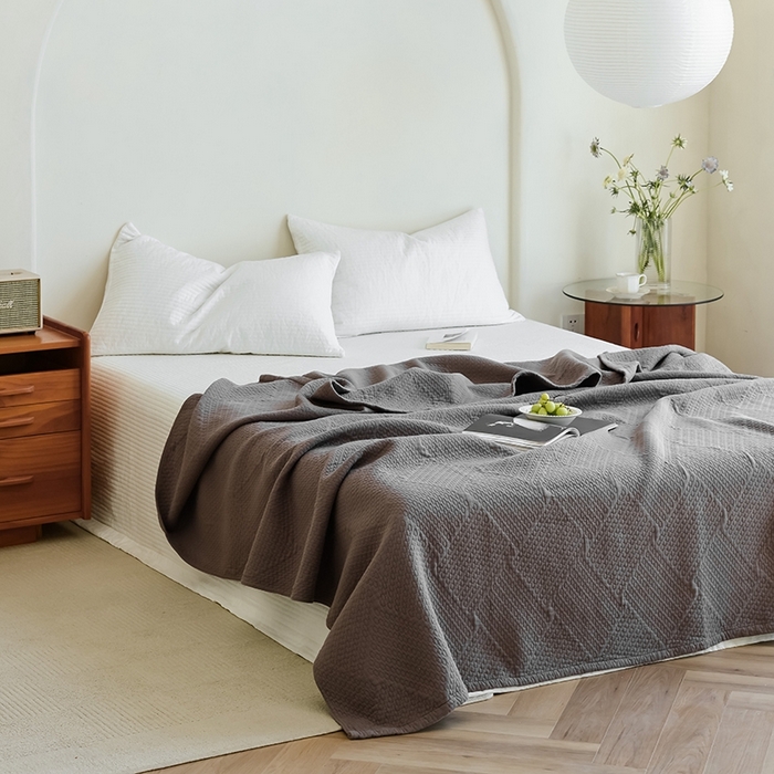 91家纺网 家纺一手货源 找家纺 雯雨家纺2025新款A类全棉加厚六层纱提花纯色盖毯 六层纱-深灰