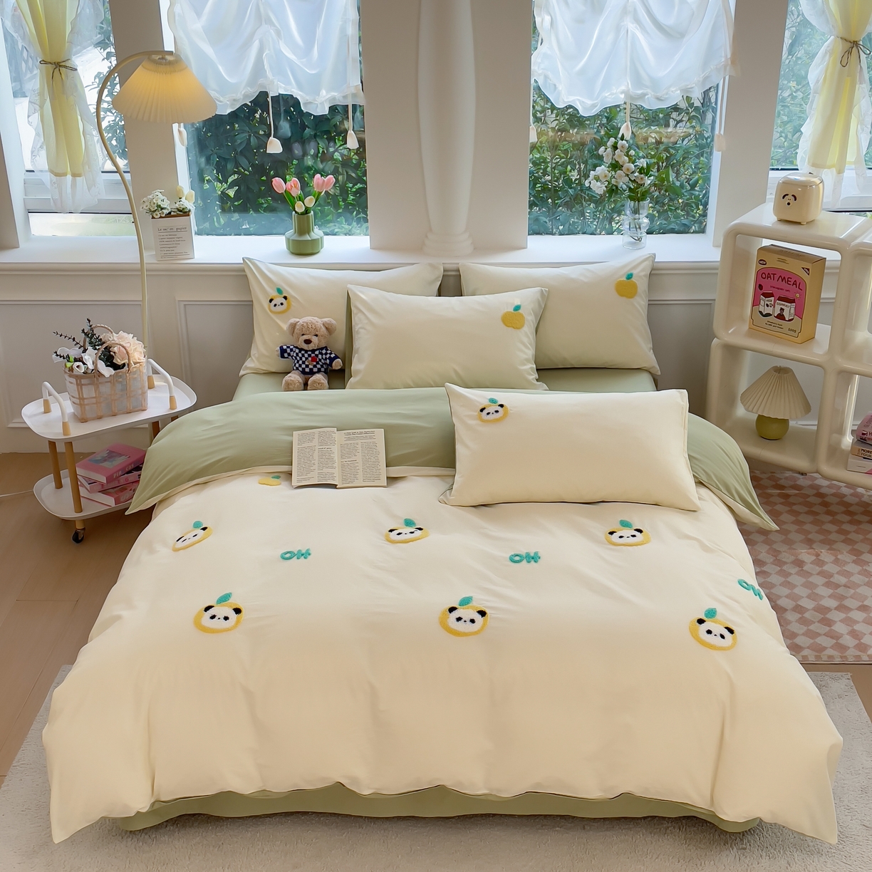 91家纺网 家纺一手货源 找家纺 锦觅家纺  2025新款奶油小清新毛巾绣全棉纯棉四件套-风格一（专版散花必须控价） 苹果熊猫