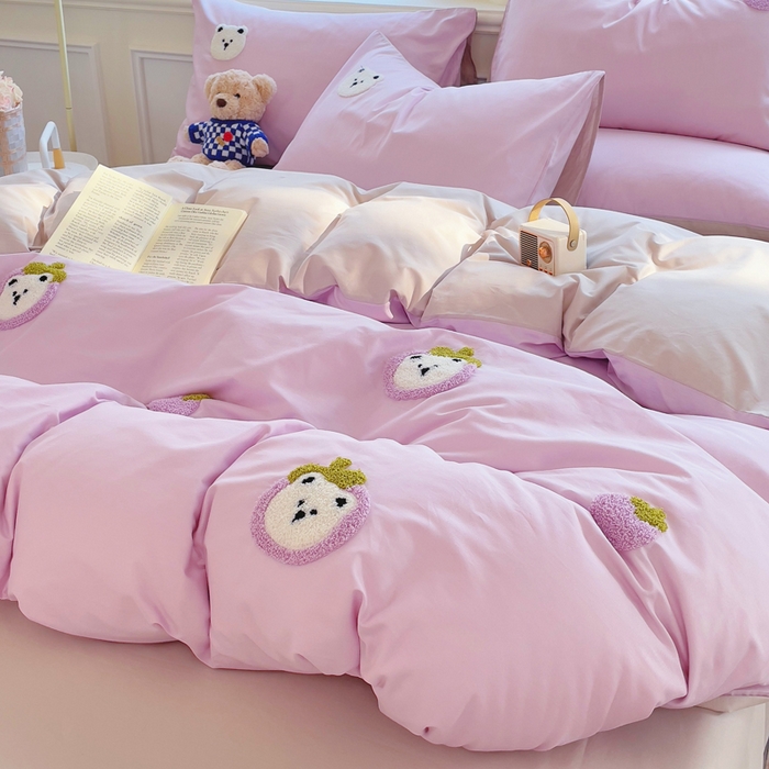 91家纺网 家纺一手货源 找家纺 锦觅家纺 2025新款奶油小清新毛巾绣全棉纯棉四件套-风格一（专版散花必须控价） 甜蜜幸福