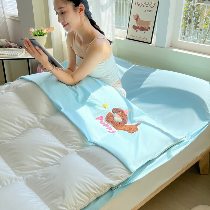 91家纺网 家纺一手货源 找家纺 柒星睡袋 2025新款款40支全棉纯色毛巾绣可拆分隔脏睡袋 帕皮狗 蓝