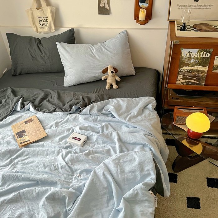 91家纺网 家纺一手货源 找家纺 耀达家居 2025新款水洗棉双拼夏被四件套 海盐蓝➕高级灰