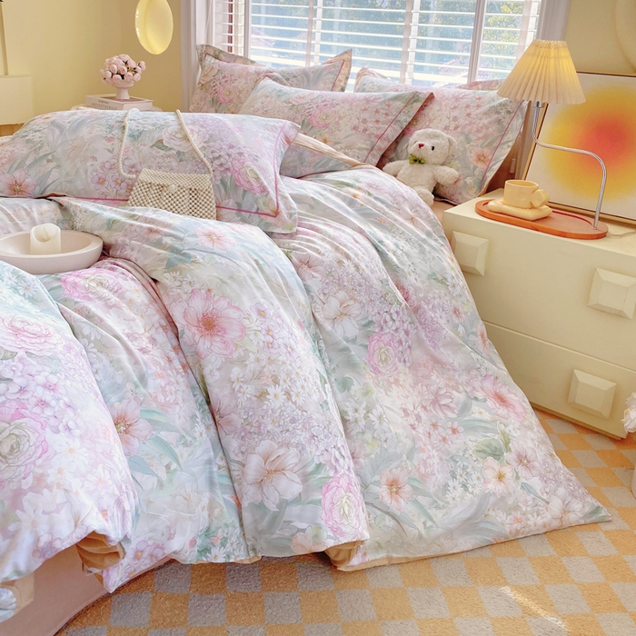 91家纺网 家纺一手货源 找家纺 星期三  2025年4月新款铂金全棉纯棉13372四件套 加微信有会员价 柔纱花影