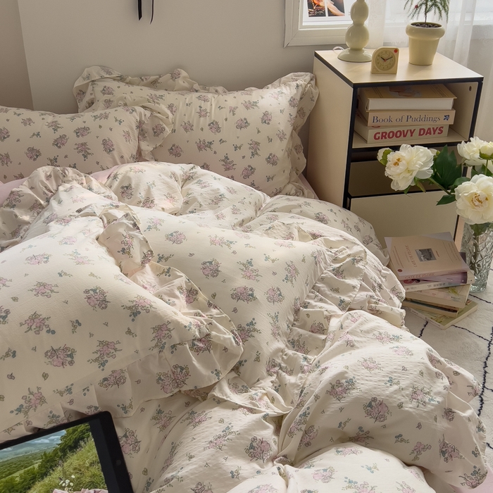 91家纺网 家纺一手货源 找家纺 希丞家居 2025新款云感提花双层纱花边四件套 梨梦