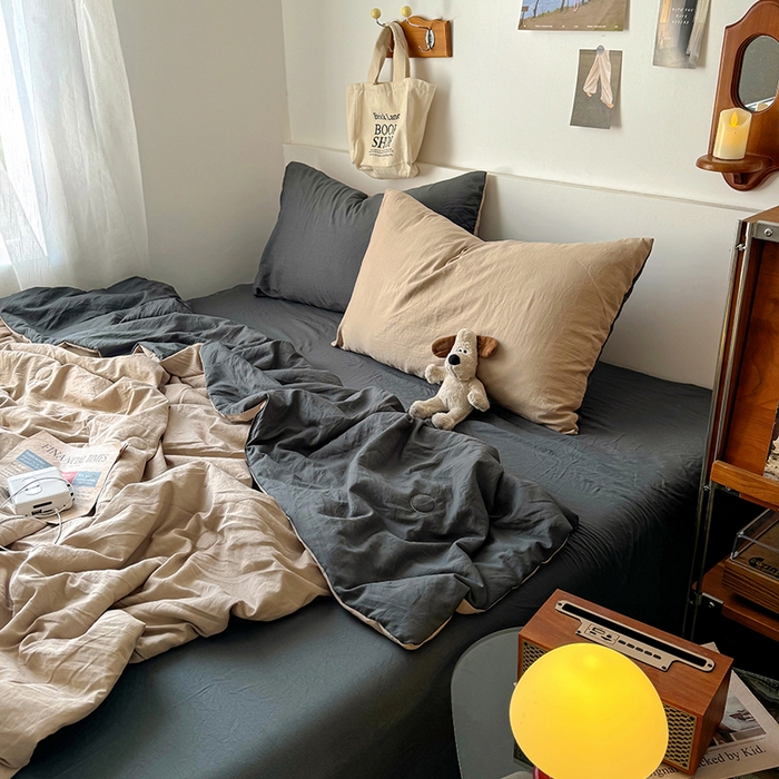 91家纺网 家纺一手货源 找家纺 耀达家居 2025新款水洗棉双拼夏被四件套 奶茶➕高级灰