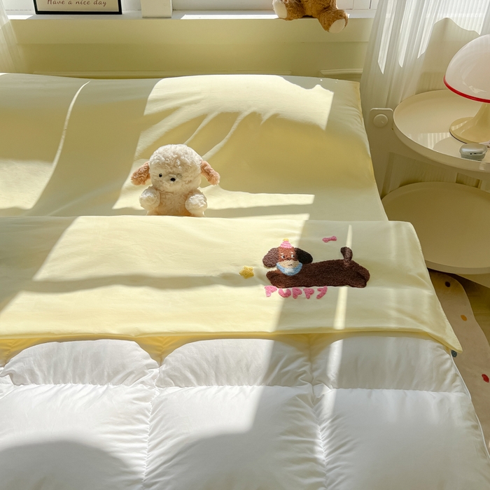 91家纺网 家纺一手货源 找家纺 柒星睡袋 2025新款款40支全棉纯色毛巾绣可拆分隔脏睡袋 帕皮狗 月光黄