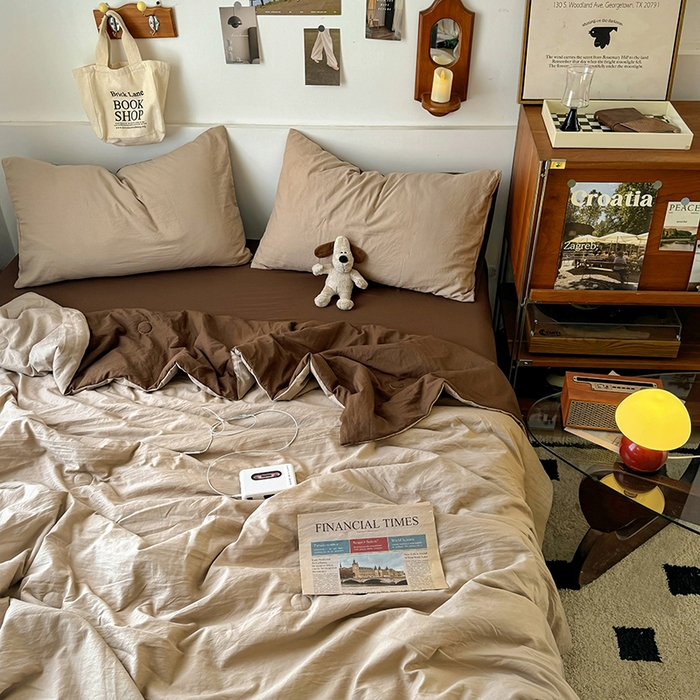 91家纺网 家纺一手货源 找家纺 耀达家居 2025新款水洗棉双拼夏被四件套 奶茶➕咖啡