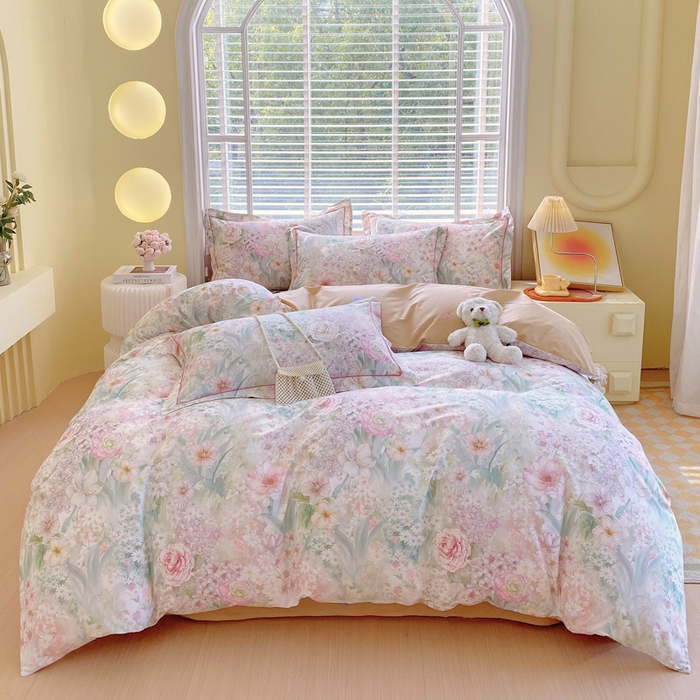 91家纺网 家纺一手货源 找家纺 星期三  2025年4月新款铂金全棉纯棉13372四件套 加微信有会员价 柔纱花影