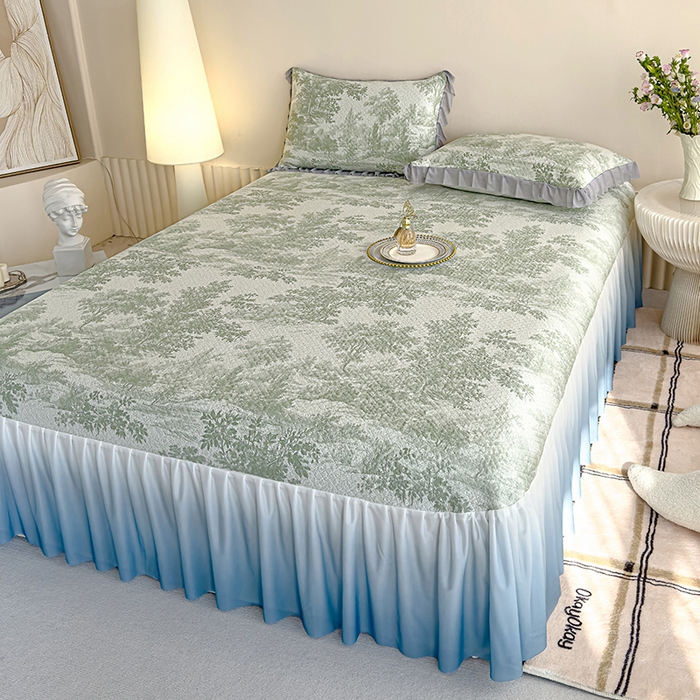 91家纺网 家纺一手货源 找家纺 冬然家纺 2025新款冰豆豆席子凉席床裙款 梦幻森林-绿