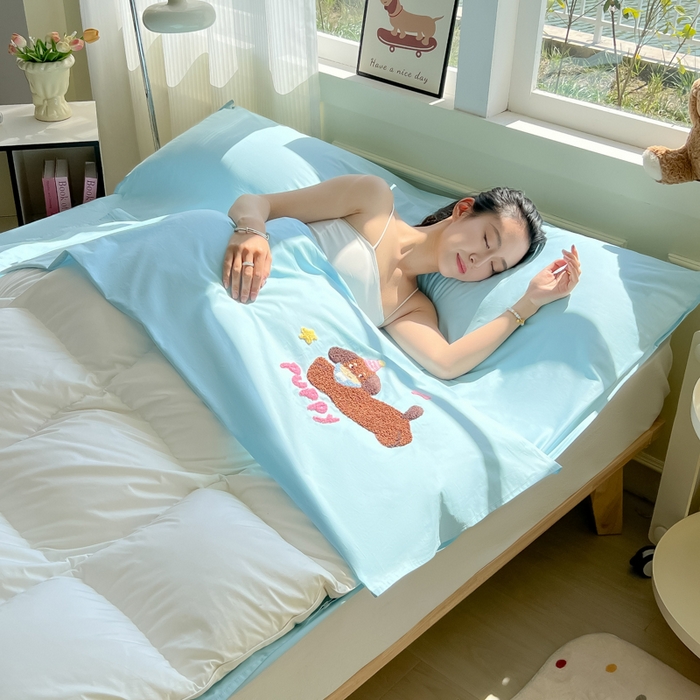 91家纺网 家纺一手货源 找家纺 柒星睡袋 2025新款款40支全棉纯色毛巾绣可拆分隔脏睡袋 帕皮狗 蓝