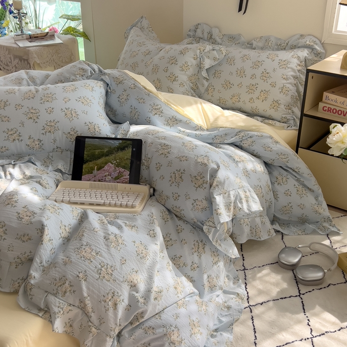 91家纺网 家纺一手货源 找家纺 希丞家居 2025新款云感提花双层纱花边四件套 小香芝士