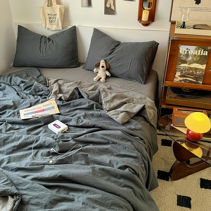 91家纺网 家纺一手货源 找家纺 耀达家居 2025新款水洗棉双拼夏被四件套 高级灰➕烟灰
