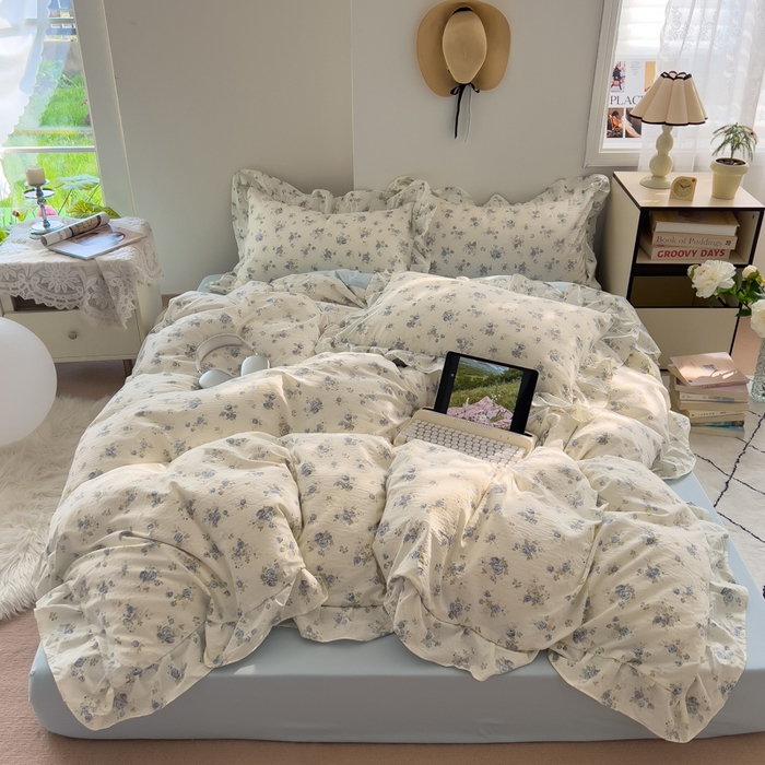 91家纺网 家纺一手货源 找家纺 希丞家居 2025新款云感提花双层纱花边四件套 微醺