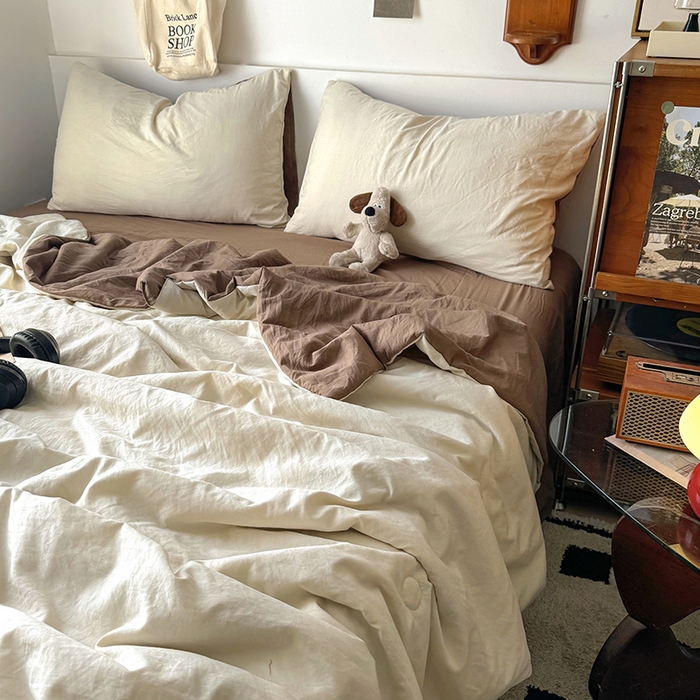 91家纺网 家纺一手货源 找家纺 耀达家居 2025新款水洗棉双拼夏被四件套 燕麦➕可可