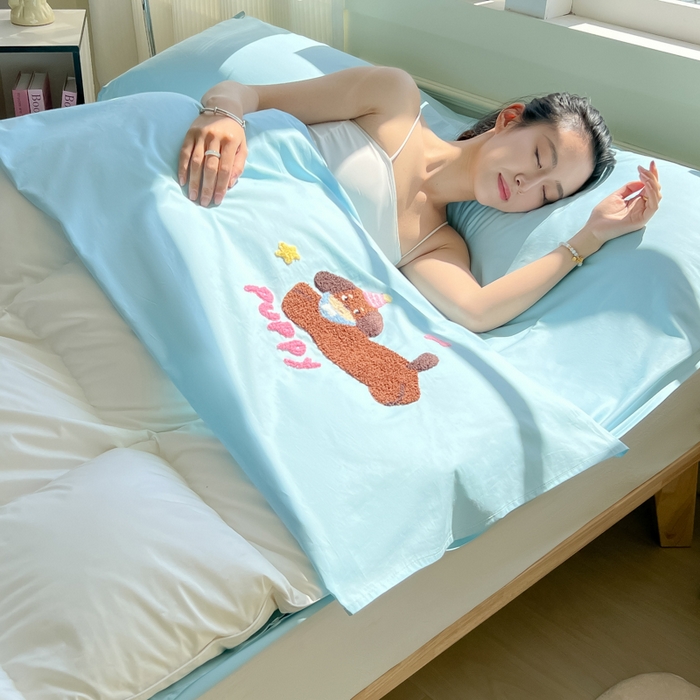 91家纺网 家纺一手货源 找家纺 柒星睡袋 2025新款款40支全棉纯色毛巾绣可拆分隔脏睡袋 帕皮狗 蓝