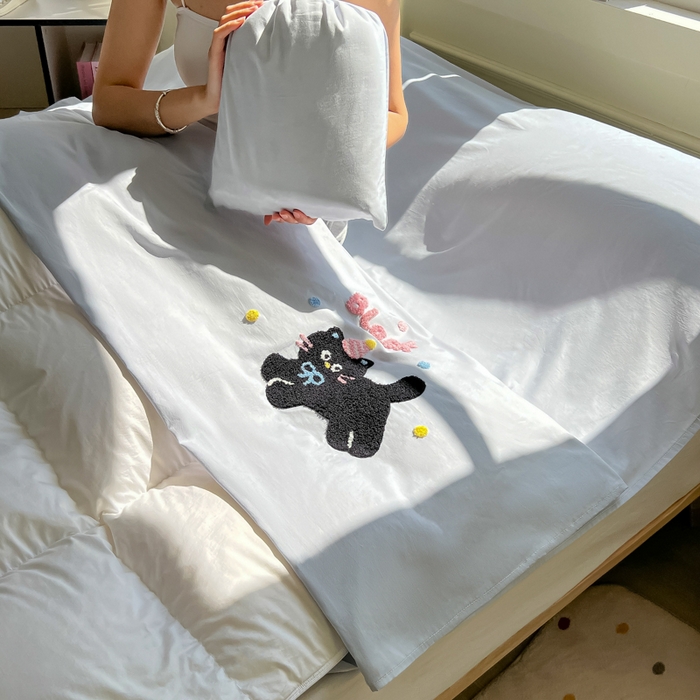 91家纺网 家纺一手货源 找家纺 柒星睡袋 2025新款款40支全棉纯色毛巾绣可拆分隔脏睡袋 黑猫 灰