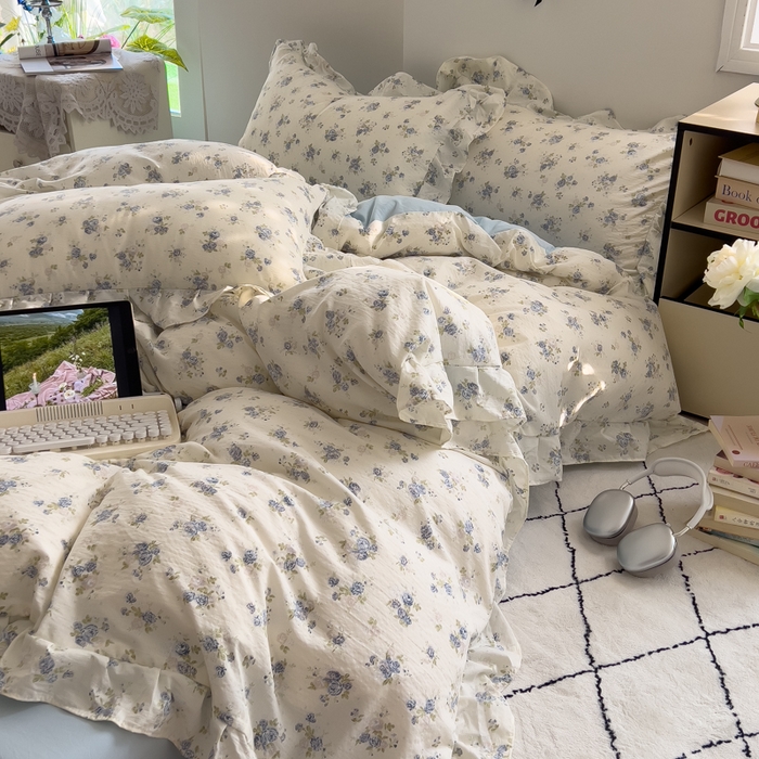 91家纺网 家纺一手货源 找家纺 希丞家居 2025新款云感提花双层纱花边四件套 微醺