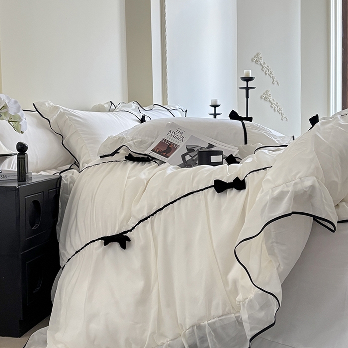 91家纺网 家纺一手货源 找家纺 梧桐家居 2025新款法式高定蝴蝶结赛琳娜雪纺花边四件套 赛琳娜-白