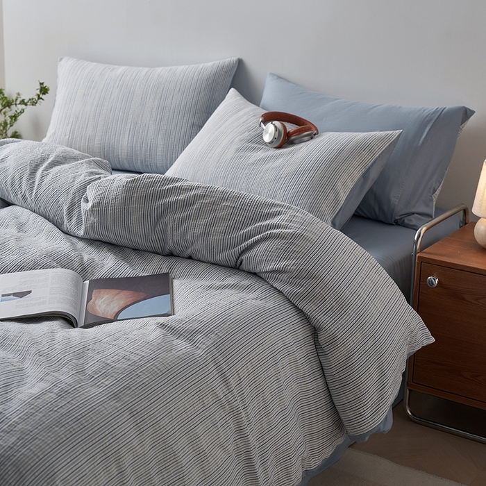 91家纺网 家纺一手货源 找家纺 千朵森  2025新款全棉色织提花条纹四件套 提花条纹-蓝