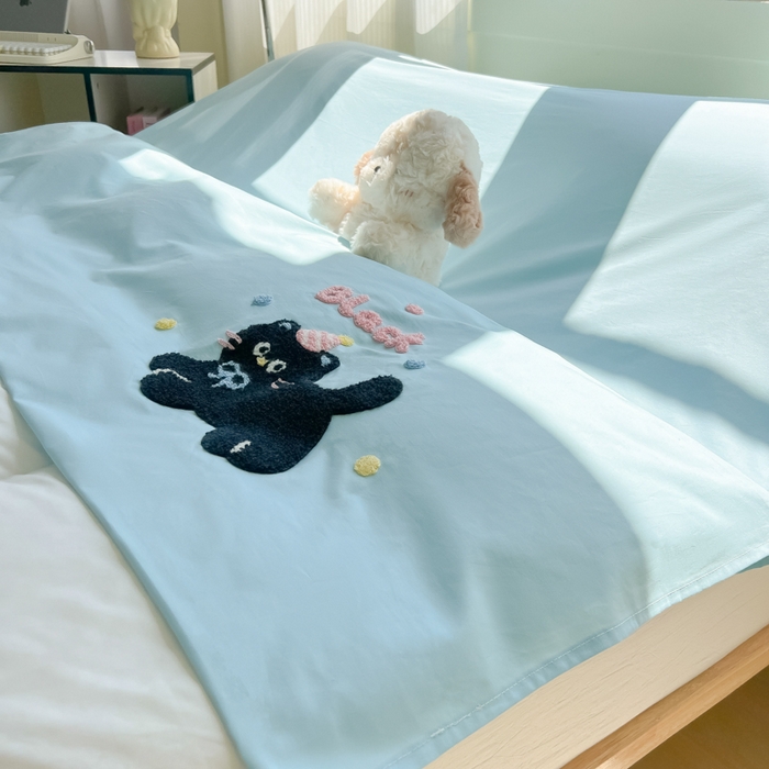 91家纺网 家纺一手货源 找家纺 柒星睡袋 2025新款款40支全棉纯色毛巾绣可拆分隔脏睡袋 黑猫 蓝