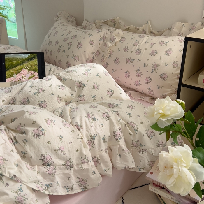 91家纺网 家纺一手货源 找家纺 希丞家居 2025新款云感提花双层纱花边四件套 梨梦