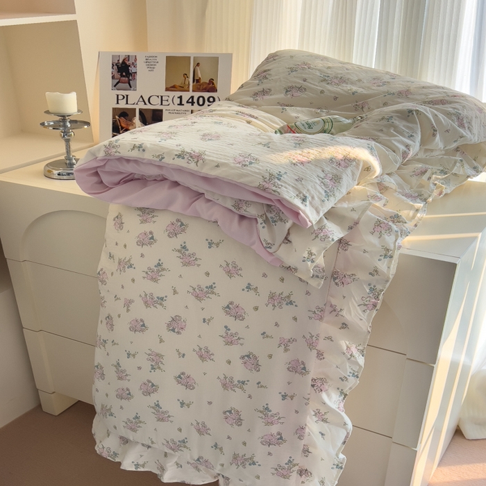 91家纺网 家纺一手货源 找家纺 希丞家居 2025新款云感提花双层纱花边四件套 梨梦