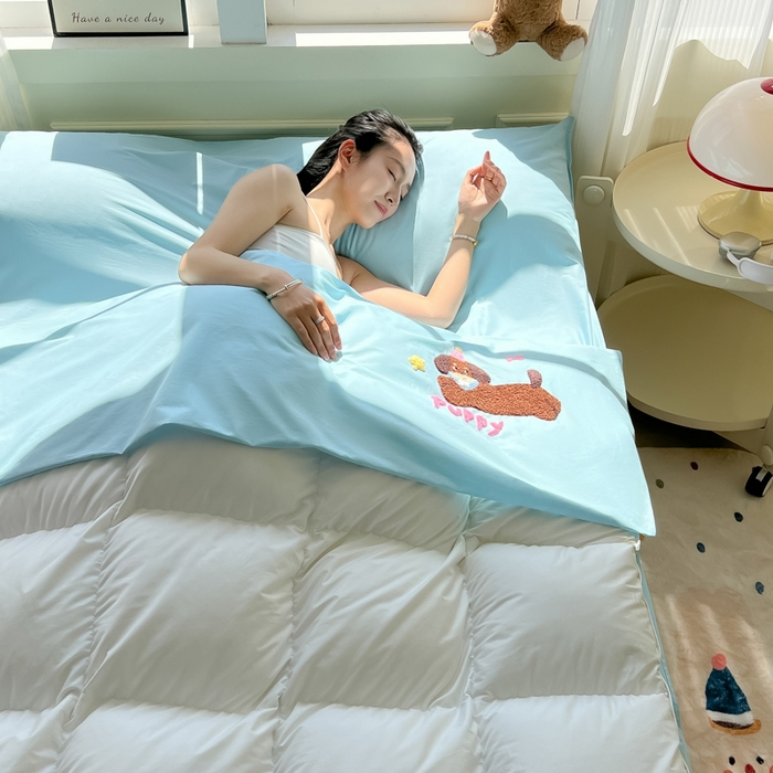 91家纺网 家纺一手货源 找家纺 柒星睡袋 2025新款款40支全棉纯色毛巾绣可拆分隔脏睡袋 帕皮狗 蓝