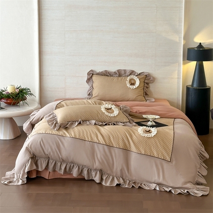名品优仓 2025新款纯棉水洗棉双层纱提花韩版花边四件套-爱丽丝 爱丽丝一咖