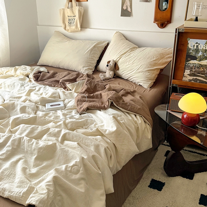 91家纺网 家纺一手货源 找家纺 耀达家居 2025新款水洗棉双拼夏被四件套 燕麦➕可可