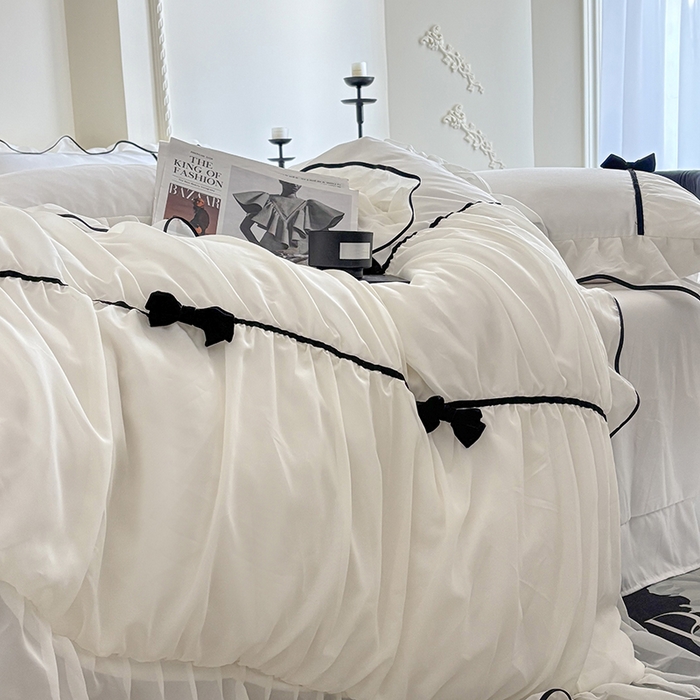 91家纺网 家纺一手货源 找家纺 梧桐家居 2025新款法式高定蝴蝶结赛琳娜雪纺花边四件套 赛琳娜-白