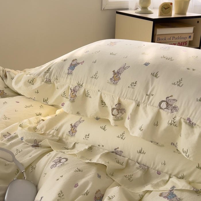 91家纺网 家纺一手货源 找家纺 希丞家居 2025新款云感提花双层纱花边四件套 音乐派对