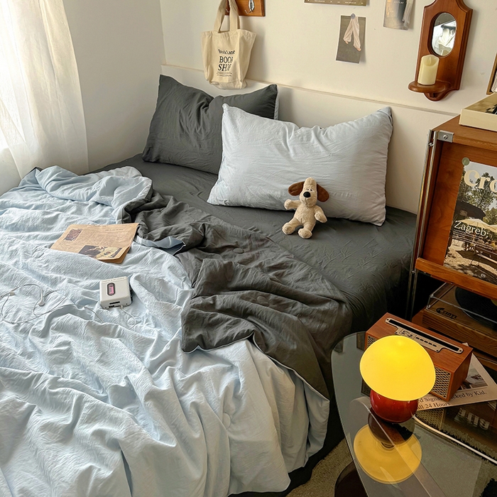 91家纺网 家纺一手货源 找家纺 耀达家居 2025新款水洗棉双拼夏被四件套 海盐蓝➕高级灰