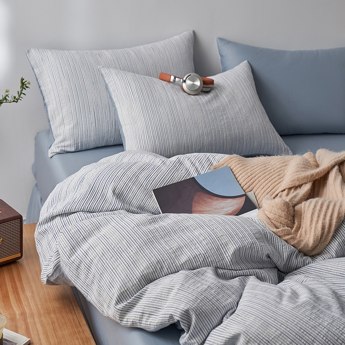 91家纺网 家纺一手货源 找家纺 千朵森  2025新款全棉色织提花条纹四件套 提花条纹-蓝