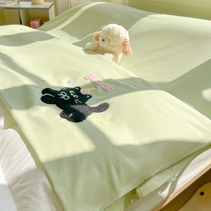 91家纺网 家纺一手货源 找家纺 柒星睡袋 2025新款款40支全棉纯色毛巾绣可拆分隔脏睡袋 黑猫 绿