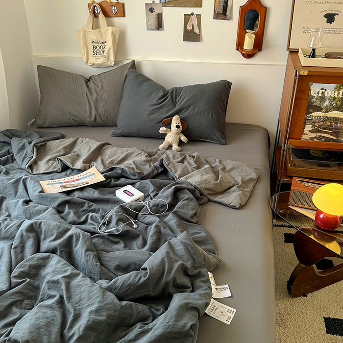 91家纺网 家纺一手货源 找家纺 耀达家居 2025新款水洗棉双拼夏被四件套 高级灰➕烟灰