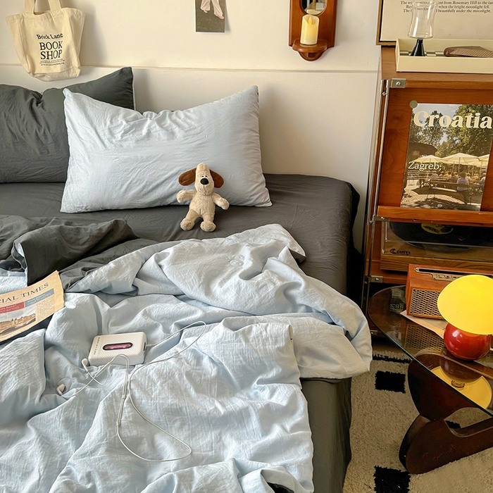 91家纺网 家纺一手货源 找家纺 耀达家居 2025新款水洗棉双拼夏被四件套 海盐蓝➕高级灰