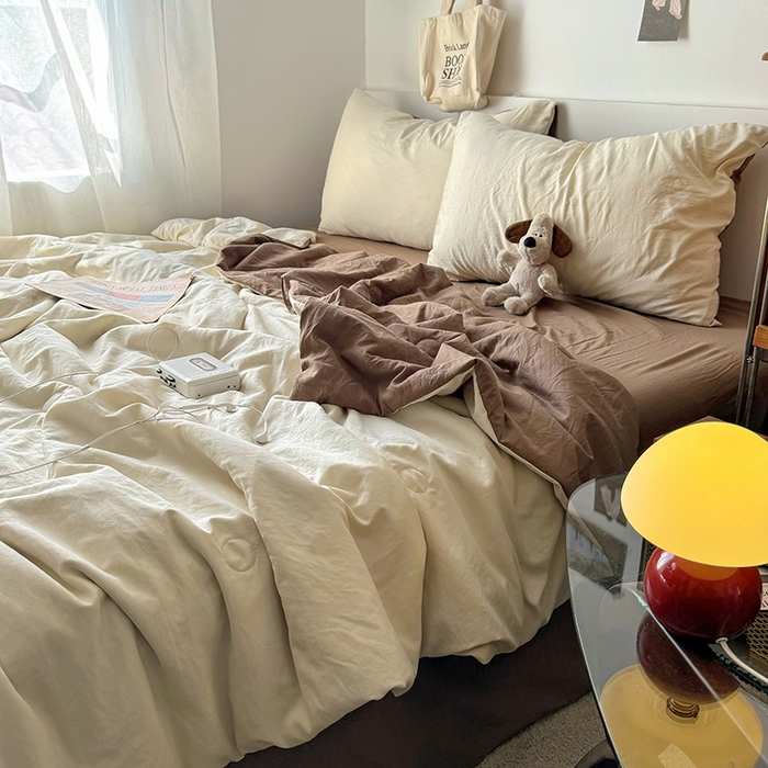 91家纺网 家纺一手货源 找家纺 耀达家居 2025新款水洗棉双拼夏被四件套 燕麦➕可可