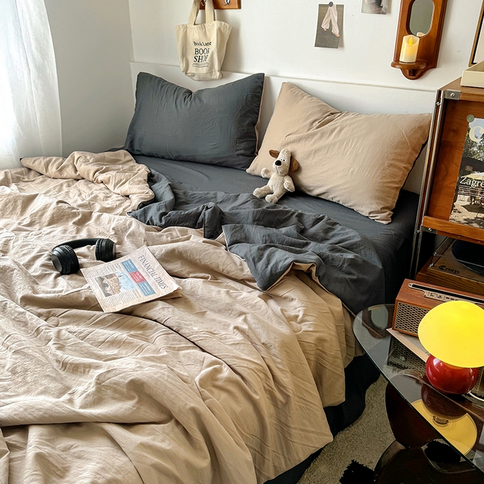 91家纺网 家纺一手货源 找家纺 耀达家居 2025新款水洗棉双拼夏被四件套 奶茶➕高级灰