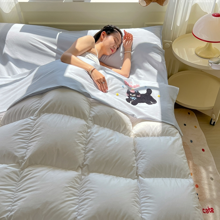 91家纺网 家纺一手货源 找家纺 柒星睡袋 2025新款款40支全棉纯色毛巾绣可拆分隔脏睡袋 黑猫 灰