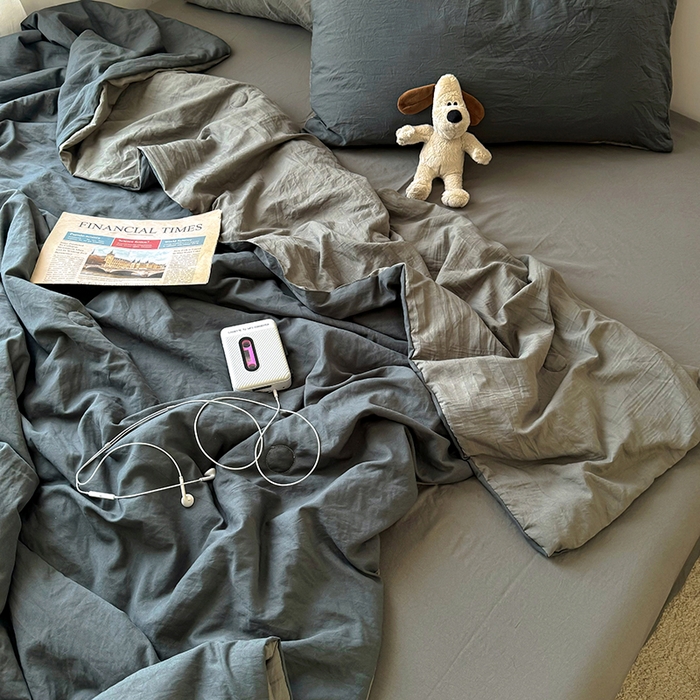 91家纺网 家纺一手货源 找家纺 耀达家居 2025新款水洗棉双拼夏被四件套 高级灰➕烟灰