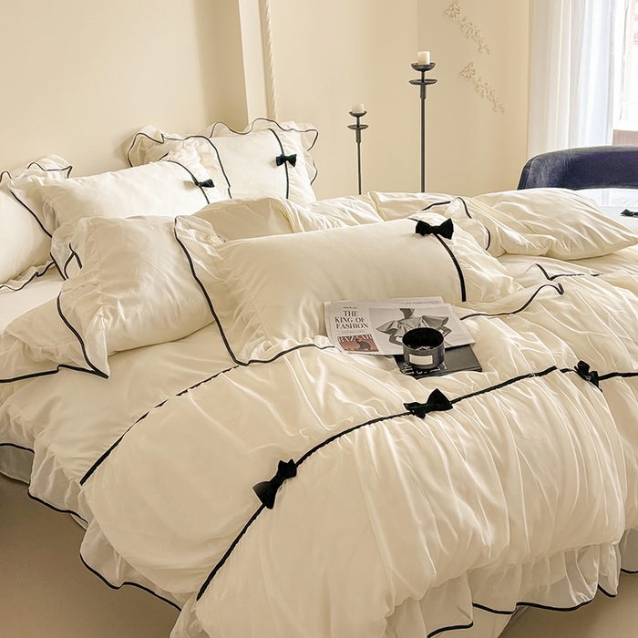 91家纺网 家纺一手货源 找家纺 梧桐家居 2025新款法式高定蝴蝶结赛琳娜雪纺花边四件套 赛琳娜-黄