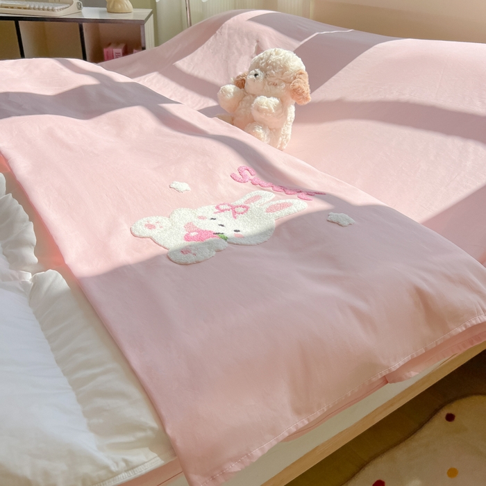 91家纺网 家纺一手货源 找家纺 柒星睡袋 2025新款款40支全棉纯色毛巾绣可拆分隔脏睡袋 小白兔 粉