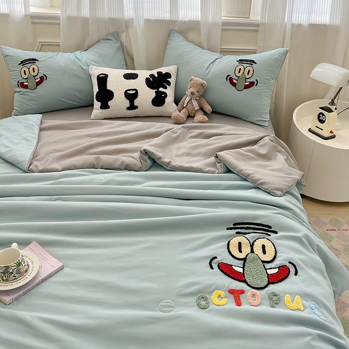 91家纺网 家纺一手货源 找家纺 眠帛家居 2025新款A类水洗皱皱纱毛巾绣夏被四件套 章鱼哥