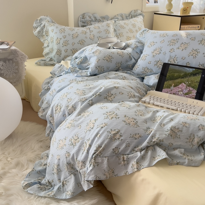 91家纺网 家纺一手货源 找家纺 希丞家居 2025新款云感提花双层纱花边四件套 小香芝士