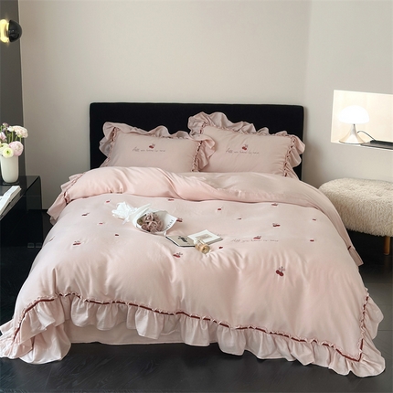名品优仓 2025新款纯棉水洗棉双层纱提花韩版花边四件套-颜可 颜可一爱坦粉