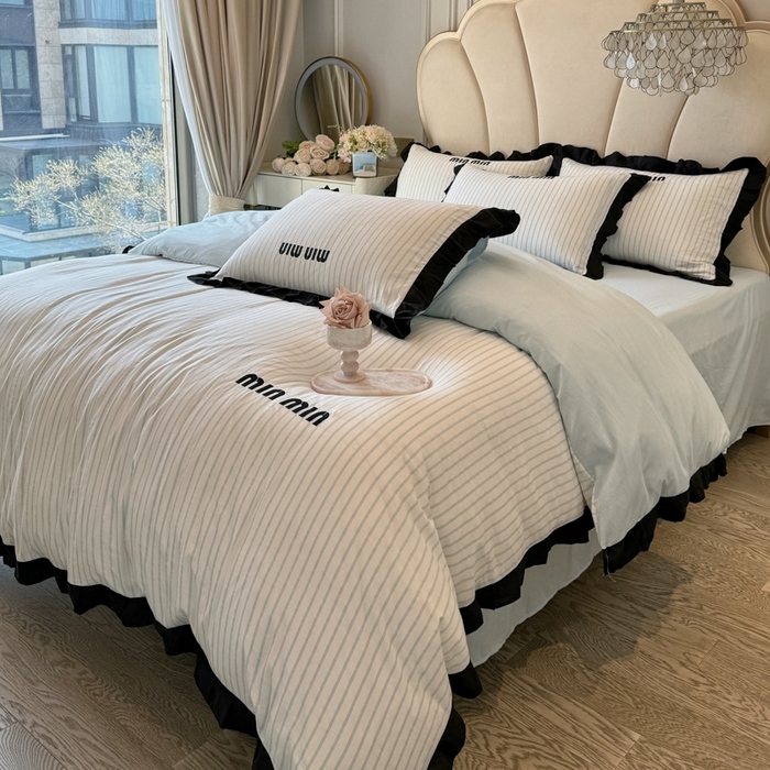 91家纺网 家纺一手货源 找家纺 千希家纺2025新款法式小香风四件套 法式条纹-繁星蓝