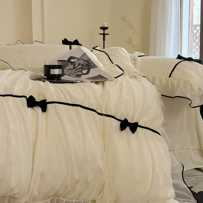 91家纺网 家纺一手货源 找家纺 梧桐家居 2025新款法式高定蝴蝶结赛琳娜雪纺花边四件套 赛琳娜-黄