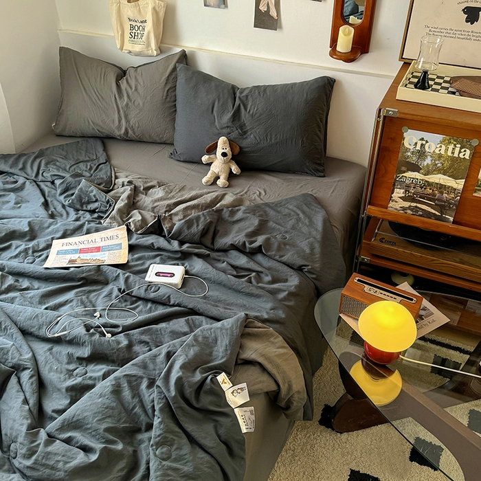 91家纺网 家纺一手货源 找家纺 耀达家居 2025新款水洗棉双拼夏被四件套 高级灰➕烟灰