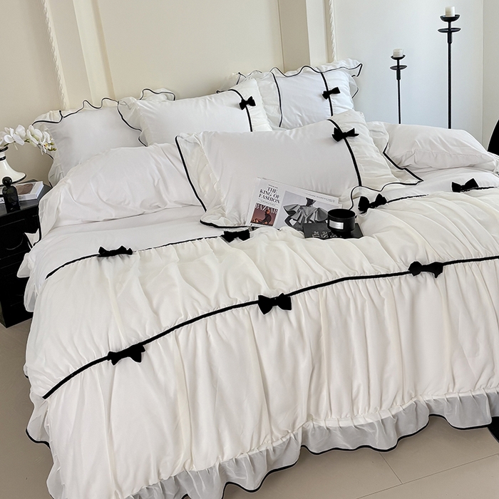 91家纺网 家纺一手货源 找家纺 梧桐家居 2025新款法式高定蝴蝶结赛琳娜雪纺花边四件套 赛琳娜-白